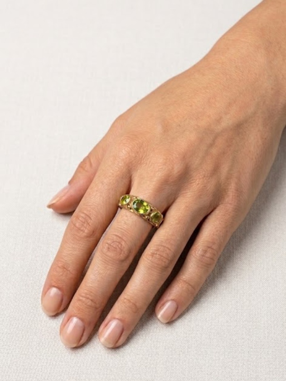 Sterling Silver Peridot Three-Stone Ring - Green Gemstone vintage